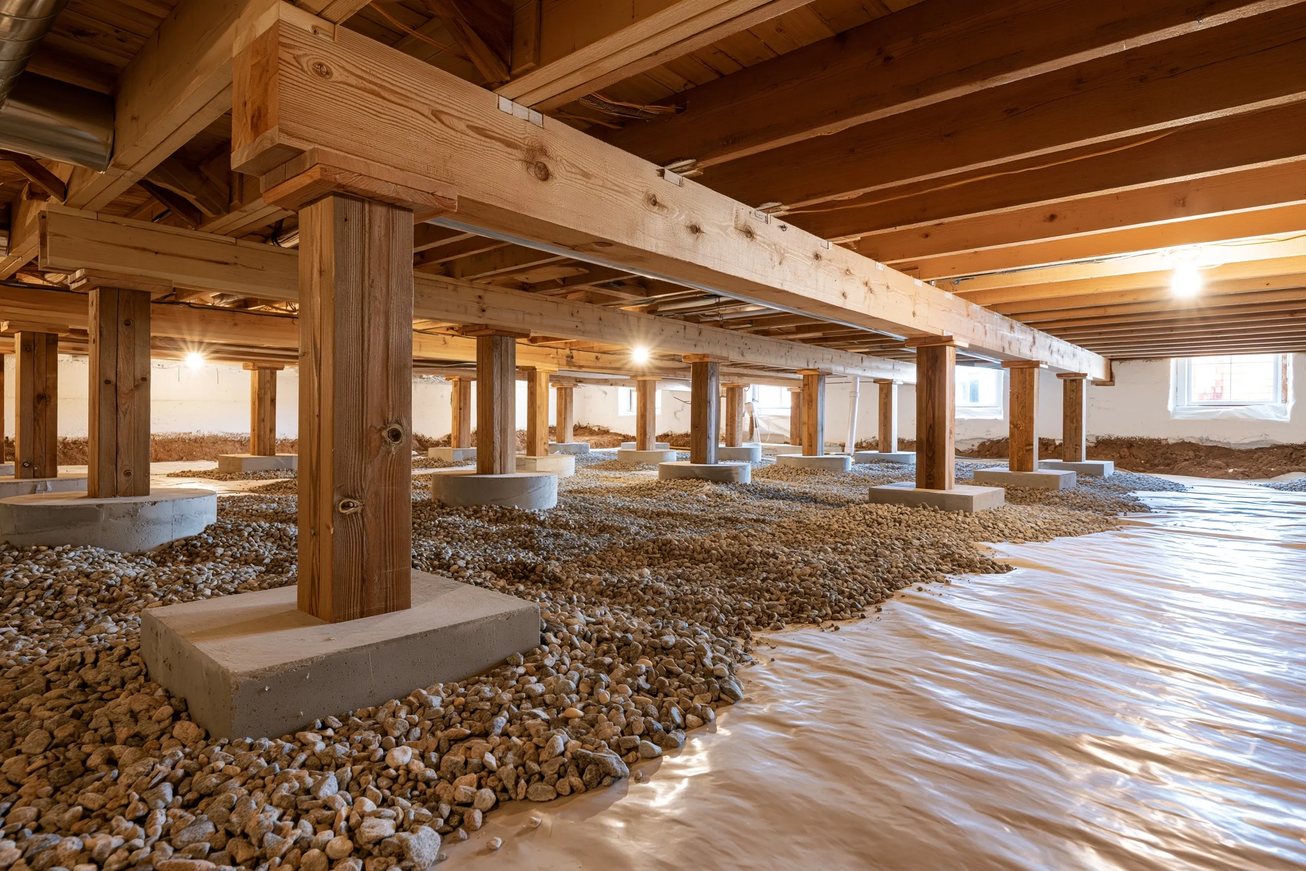 Crawlspace with new light-colored posts on concrete pads under straight wood girders, gravel and a plastic sheet on the ground, and joists overhead