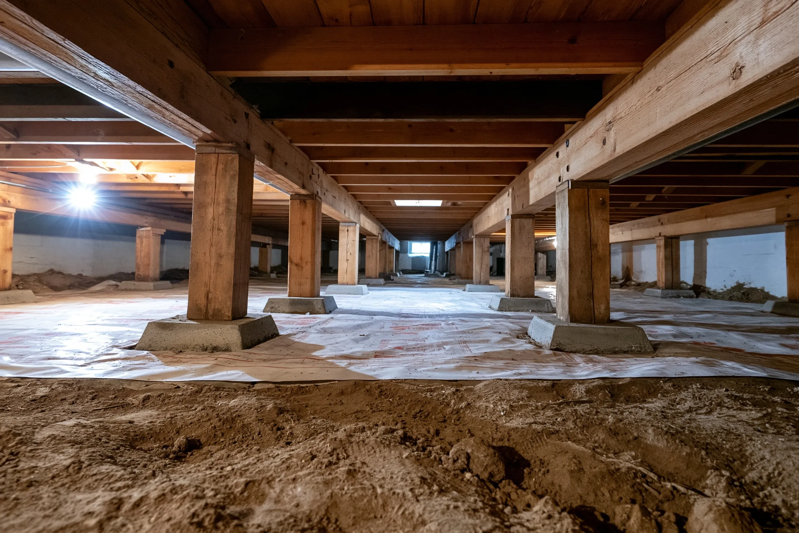 Low view inside a crawlspace of timber posts on concrete pads holding wood girders and joists, with a vapor barrier partly covering the soil