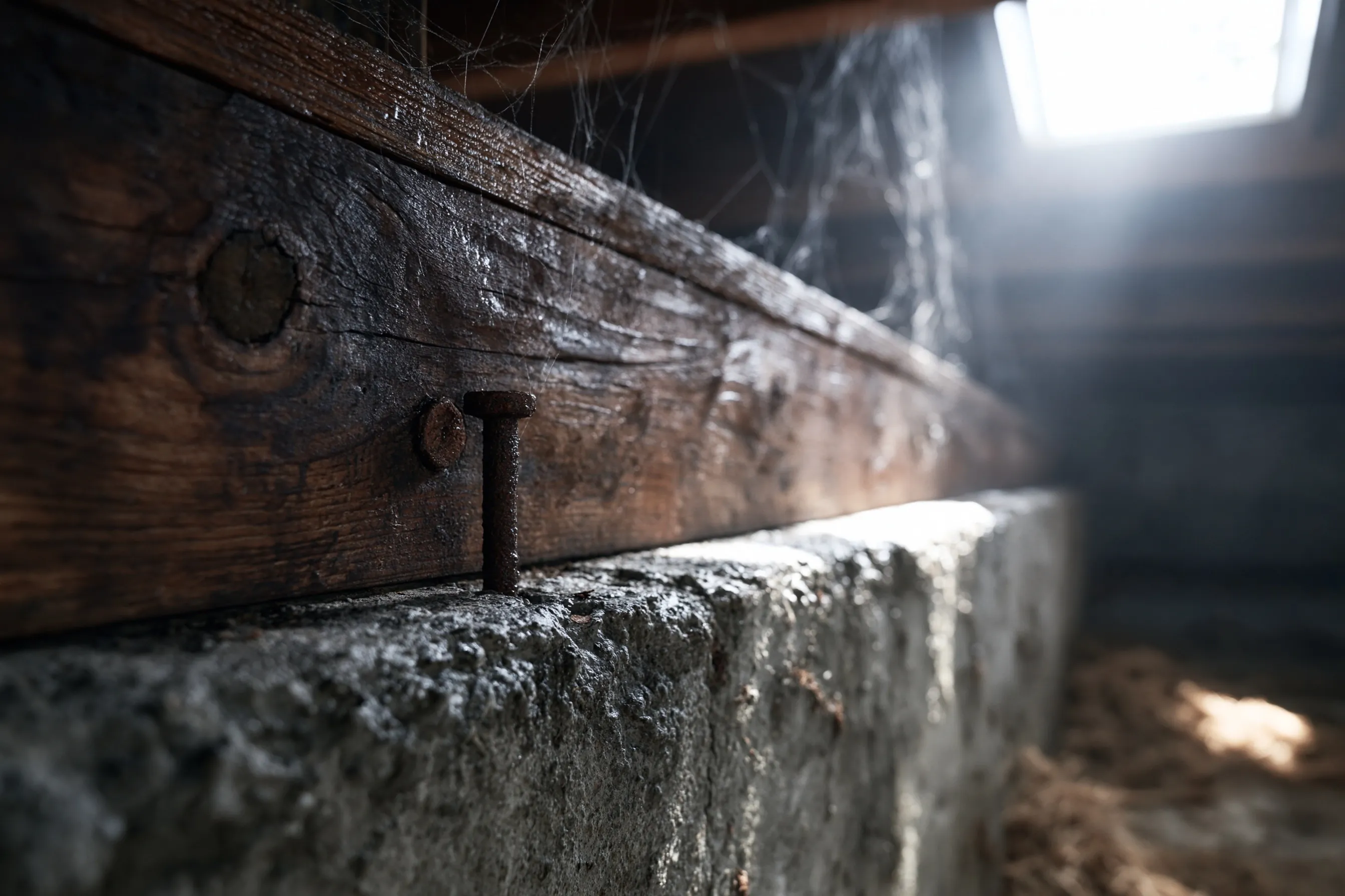 Dark, damp sill plate and rim joist at the top of a concrete stem wall in a crawlspace, with a rusted anchor bolt