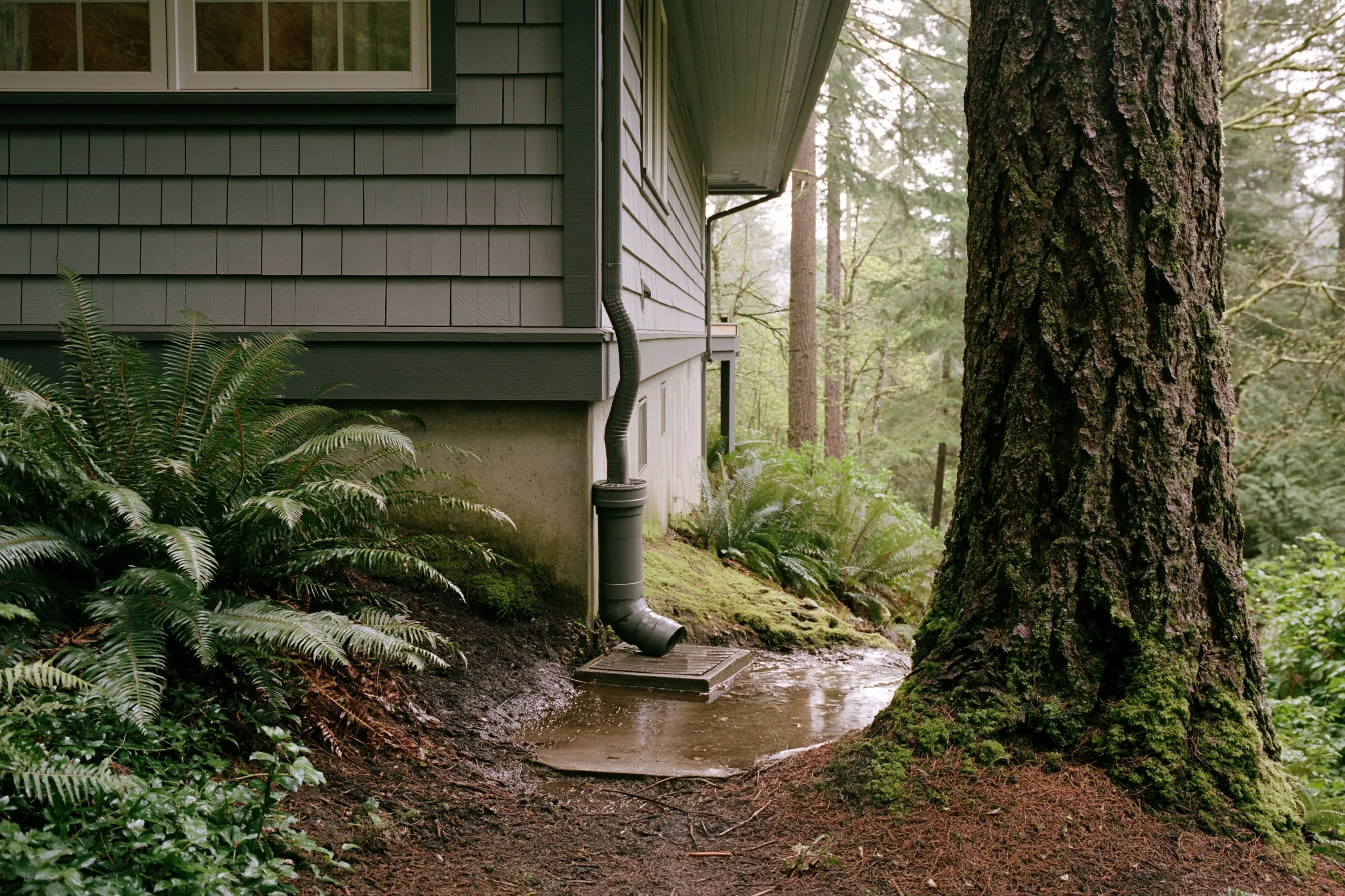 Downspout and splash block at a house corner, with a puddle against the foundation and a fir trunk nearby