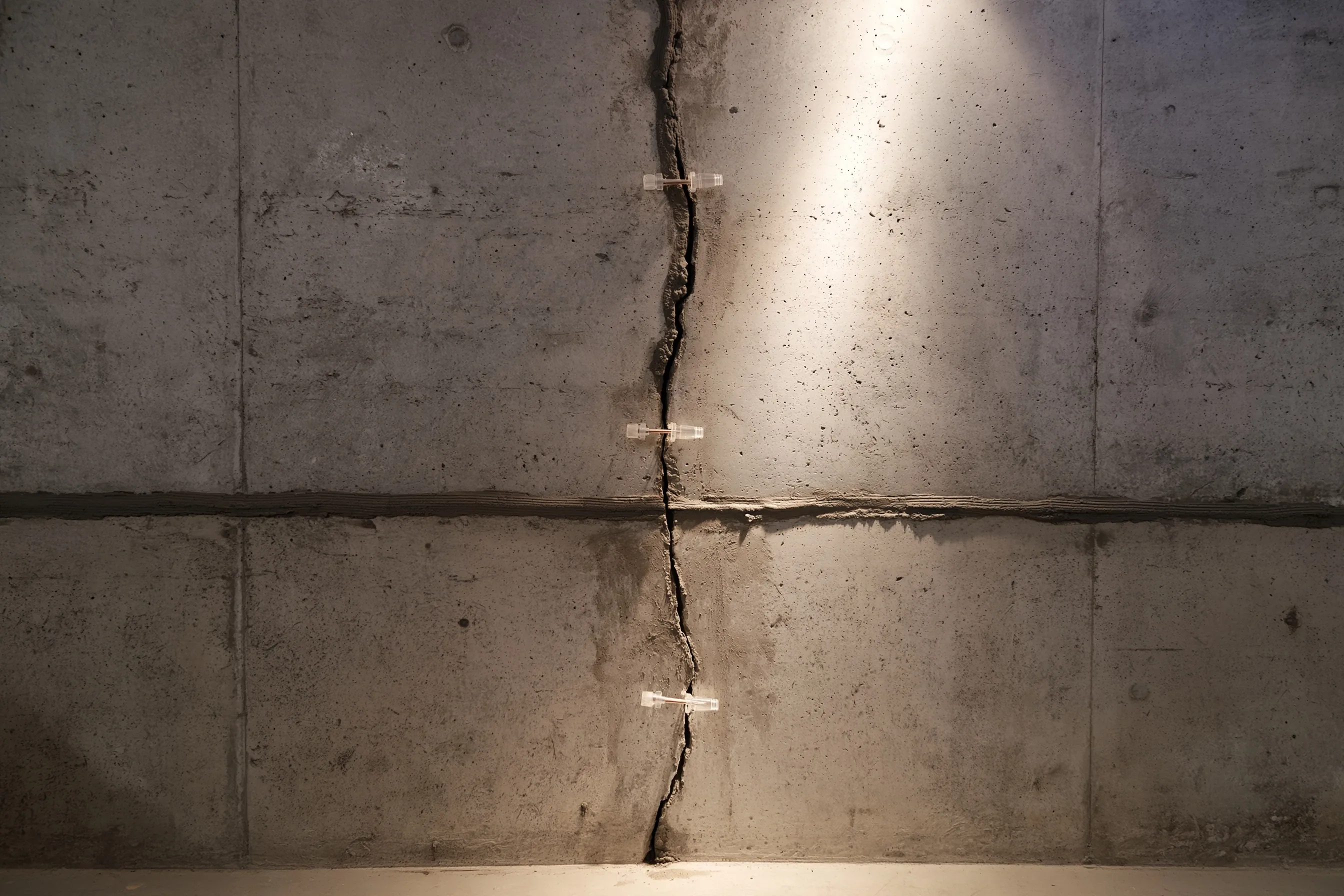 Grey poured-concrete interior wall with one vertical crack closed with a bead of material and three small clear plastic injection ports along it