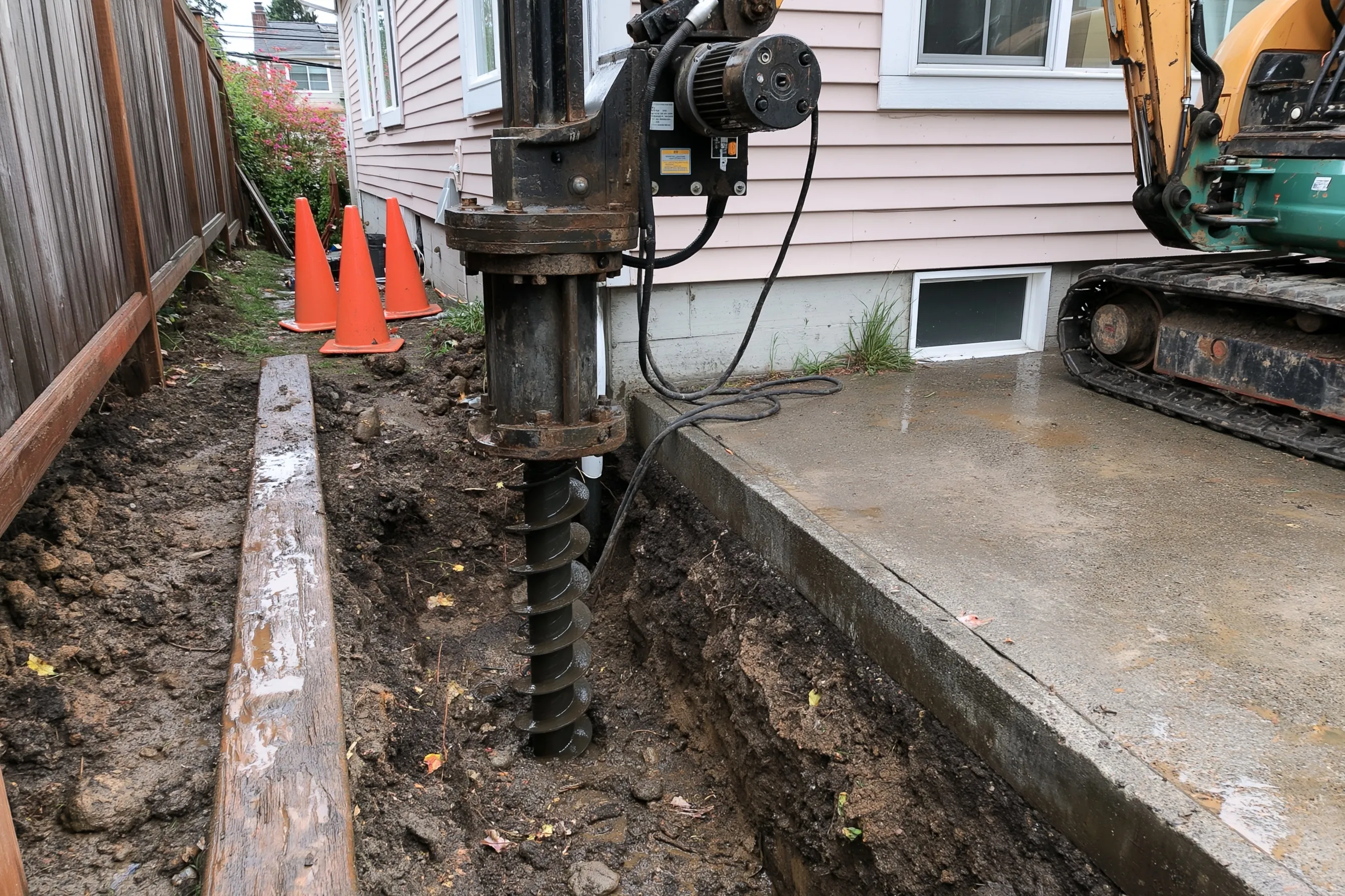 Drive head and torque motor on a small excavator turning a steel helical shaft into a narrow trench beside a house foundation