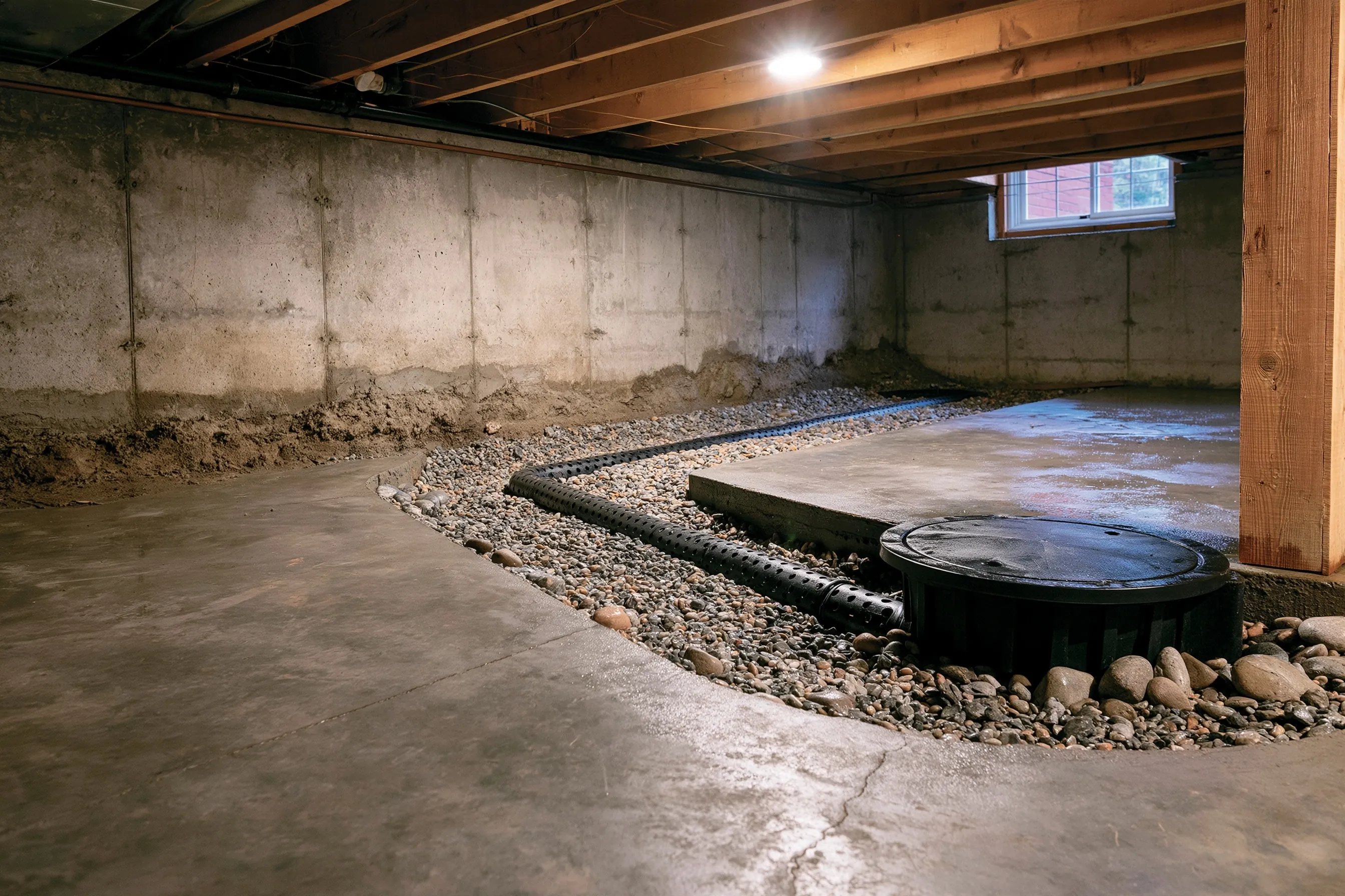 Perforated drain pipe in a gravel channel along the base of a foundation wall, leading to a corner sump basin with a lid