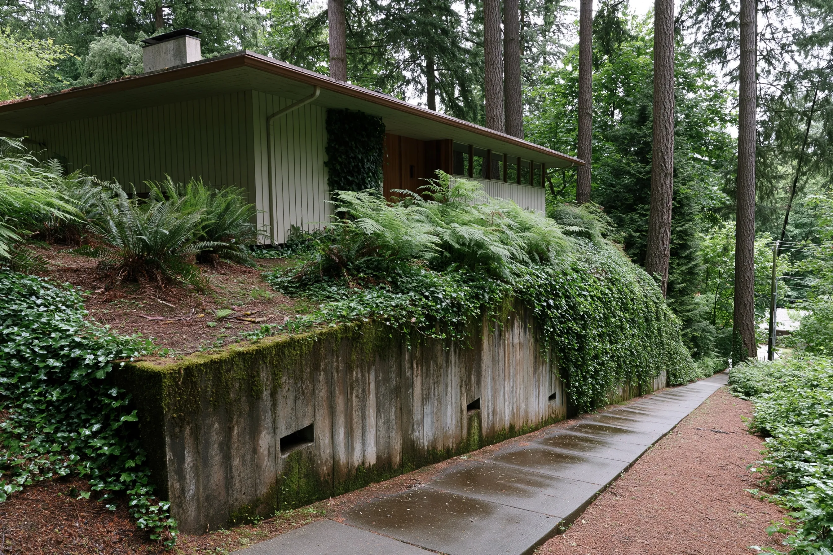 Concrete retaining wall holding a steep front-yard slope beside a sidewalk, with ferns, moss, weep holes and tall firs